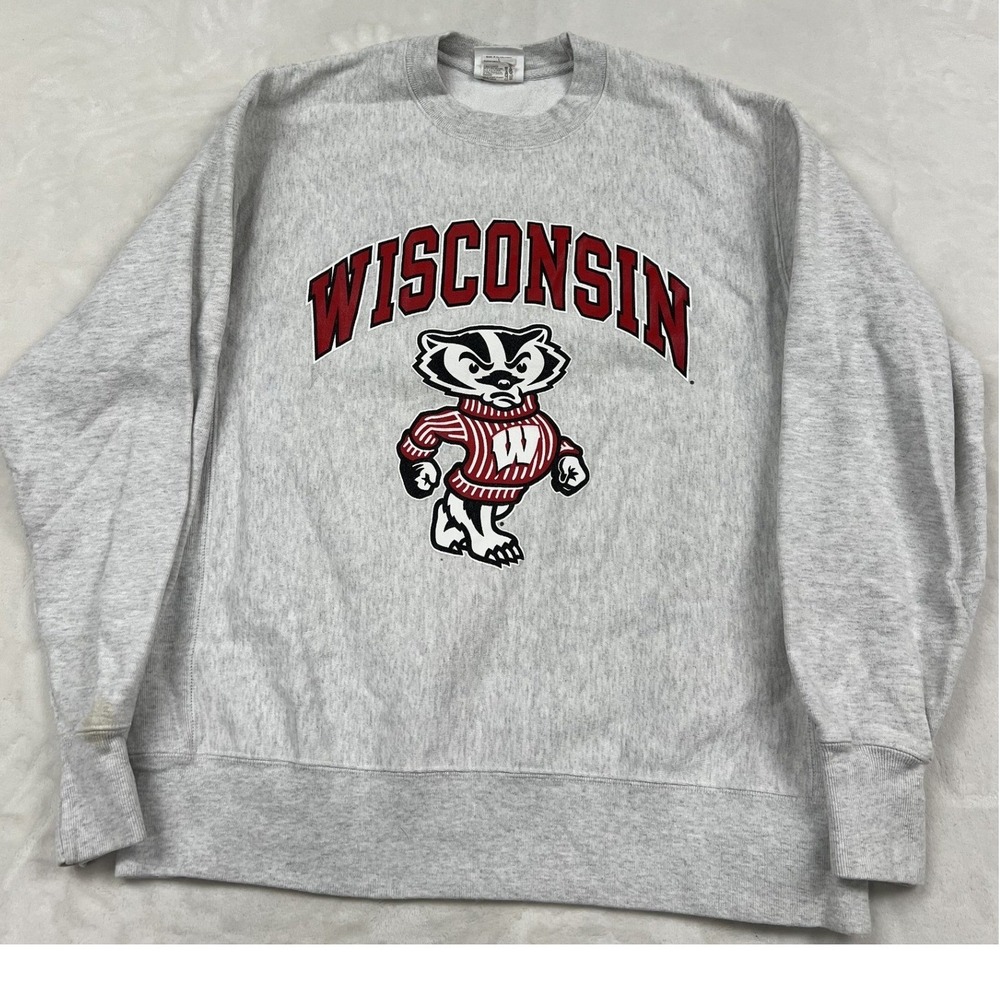 Champion Reverse Weave Sweatshirt Mens Large Grey Wisconsin Bucky Badger Logo